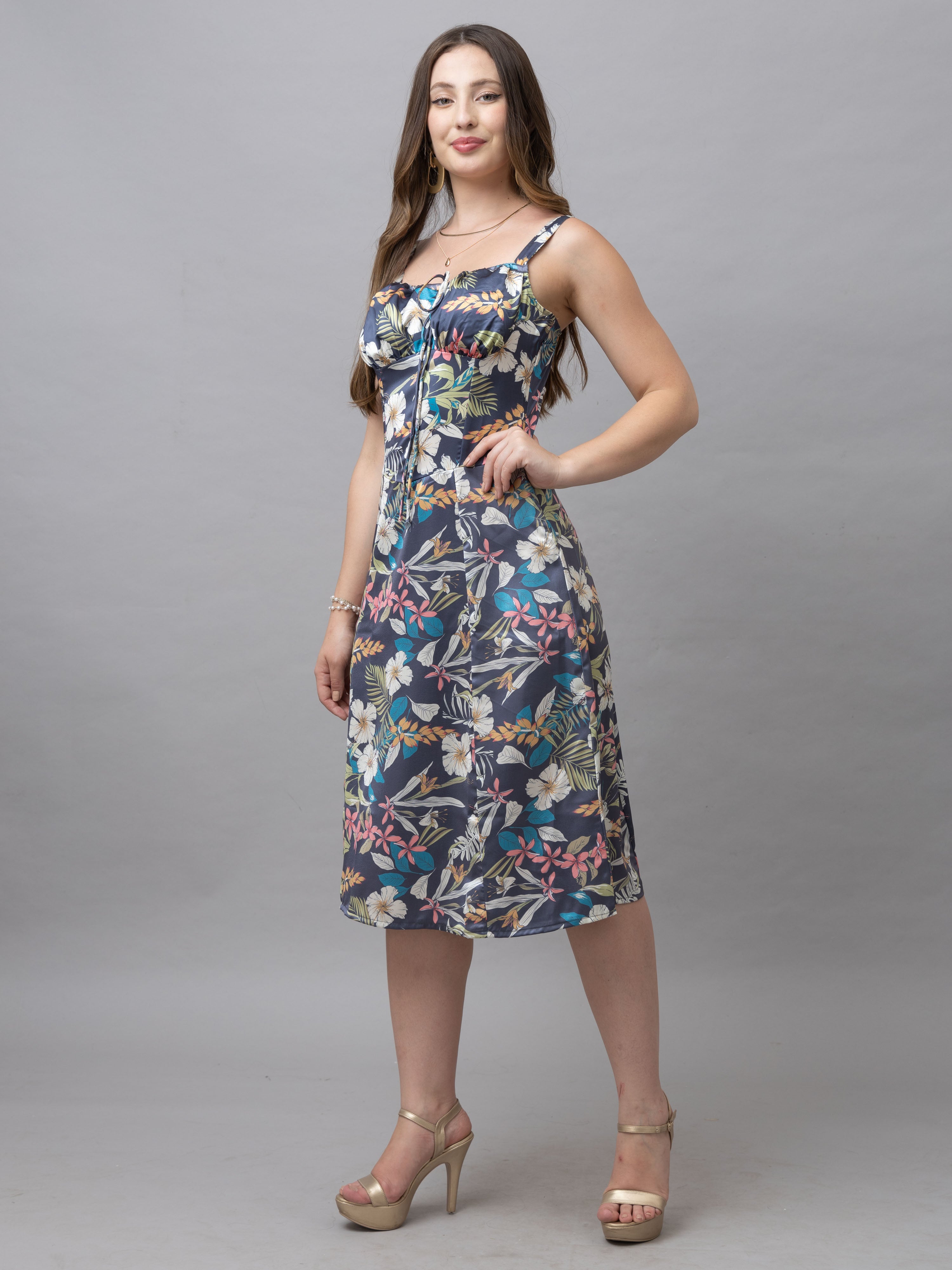 CK Grey Tropical Print Corset Midi Dress
