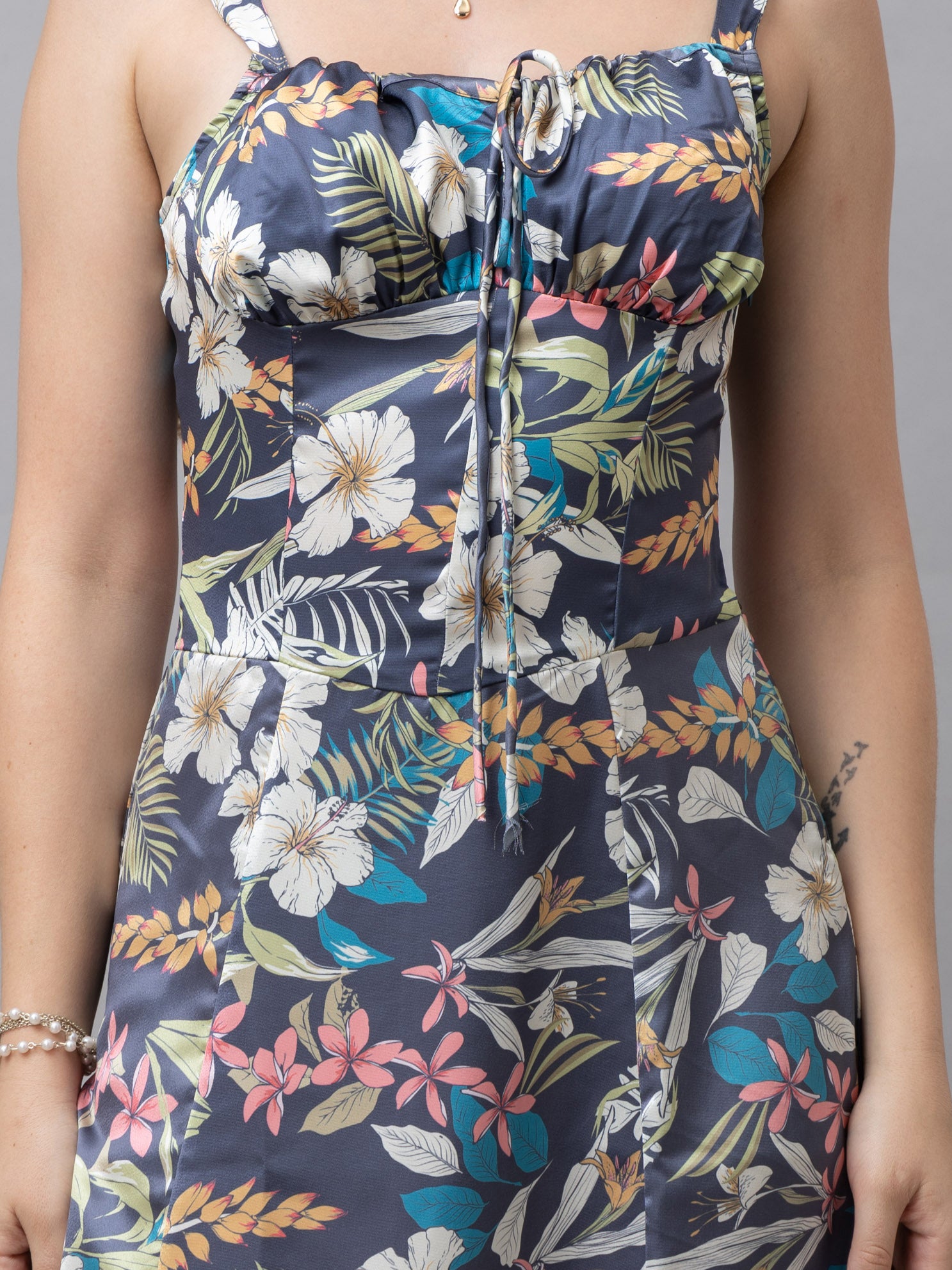 CK Grey Tropical Print Corset Midi Dress