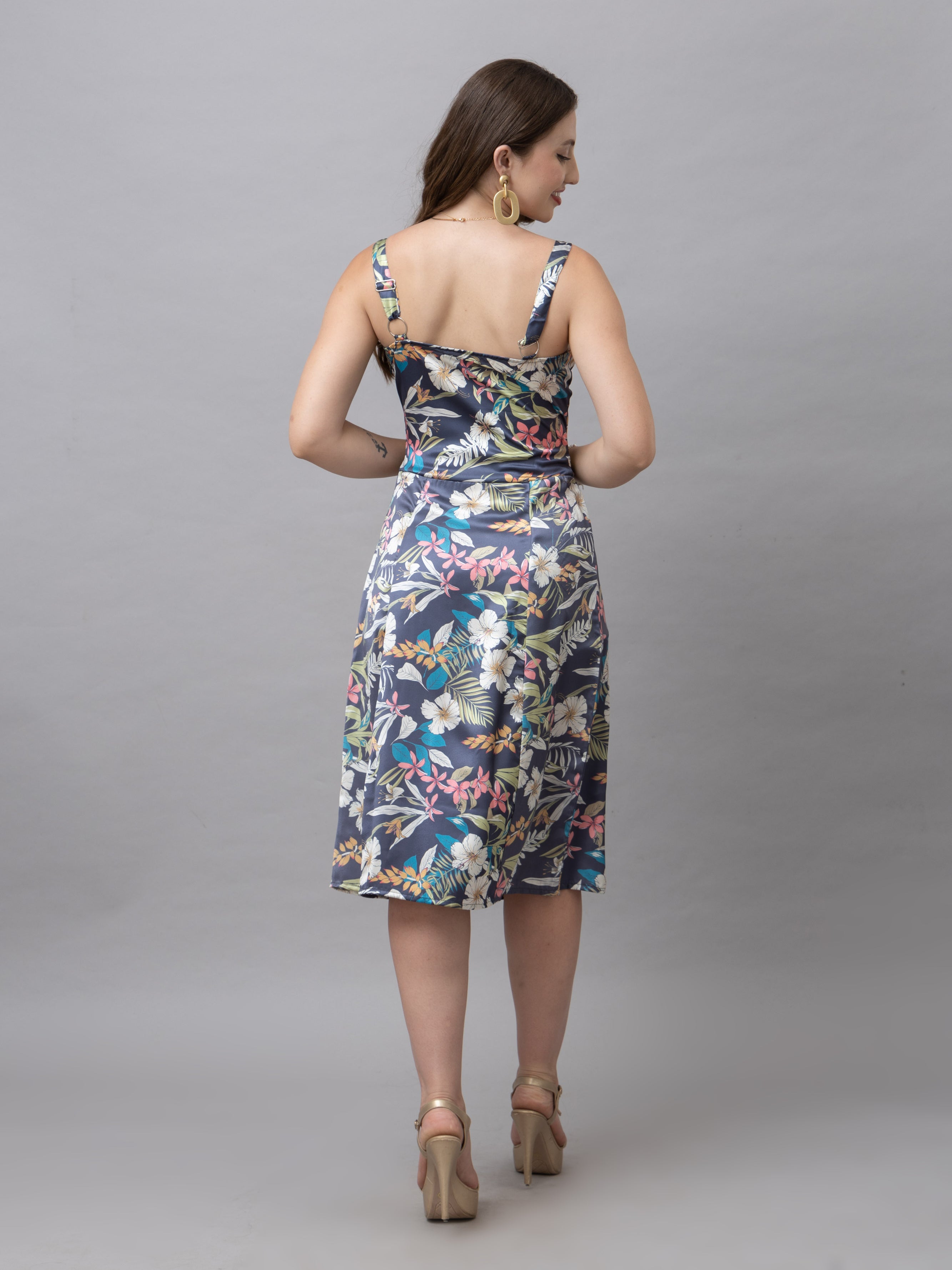 CK Grey Tropical Print Corset Midi Dress