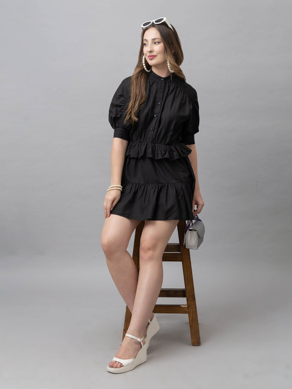 CK Silvia Solid Black Half Sleeves Short Dress