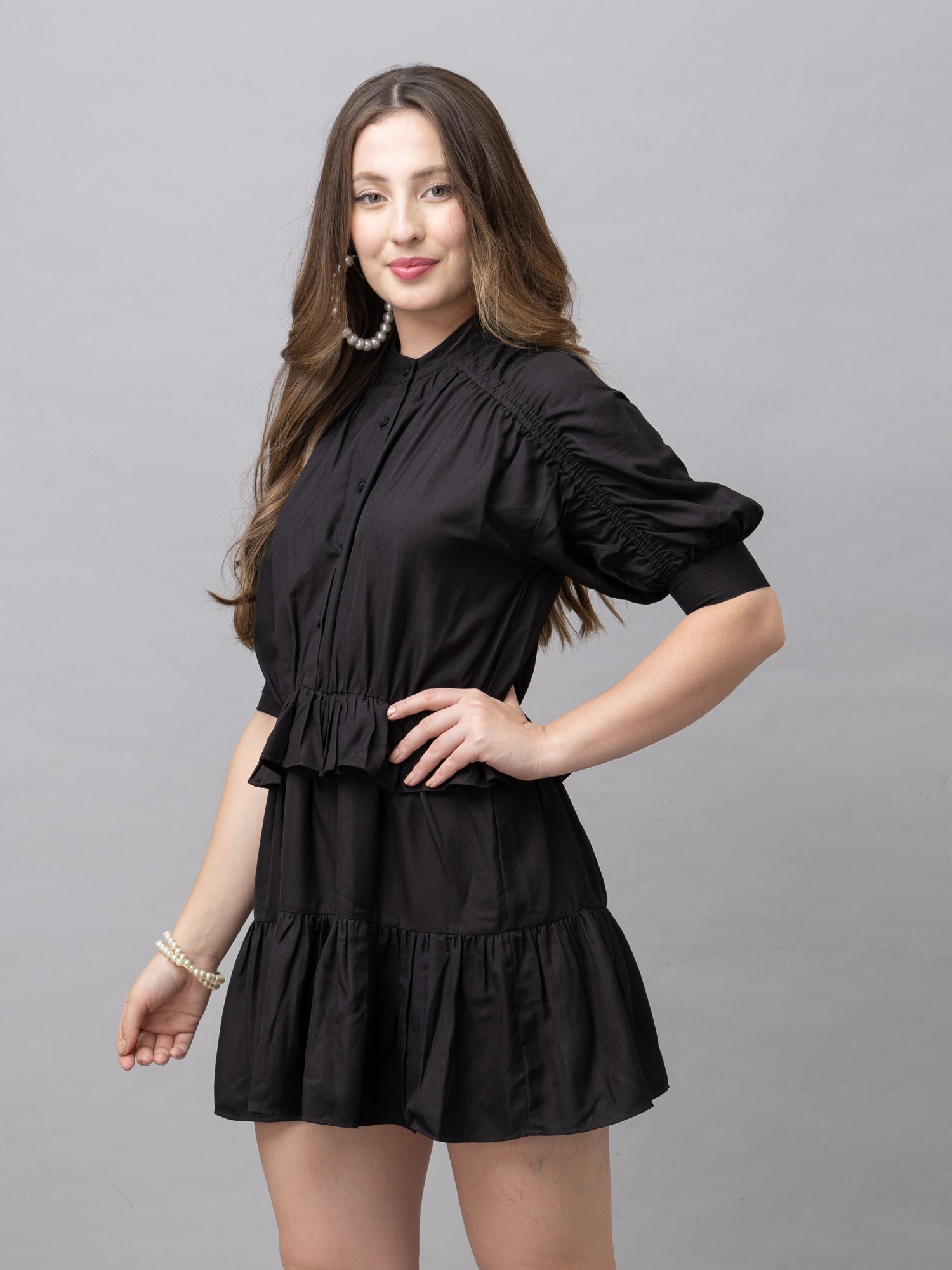 CK Silvia Solid Black Half Sleeves Short Dress