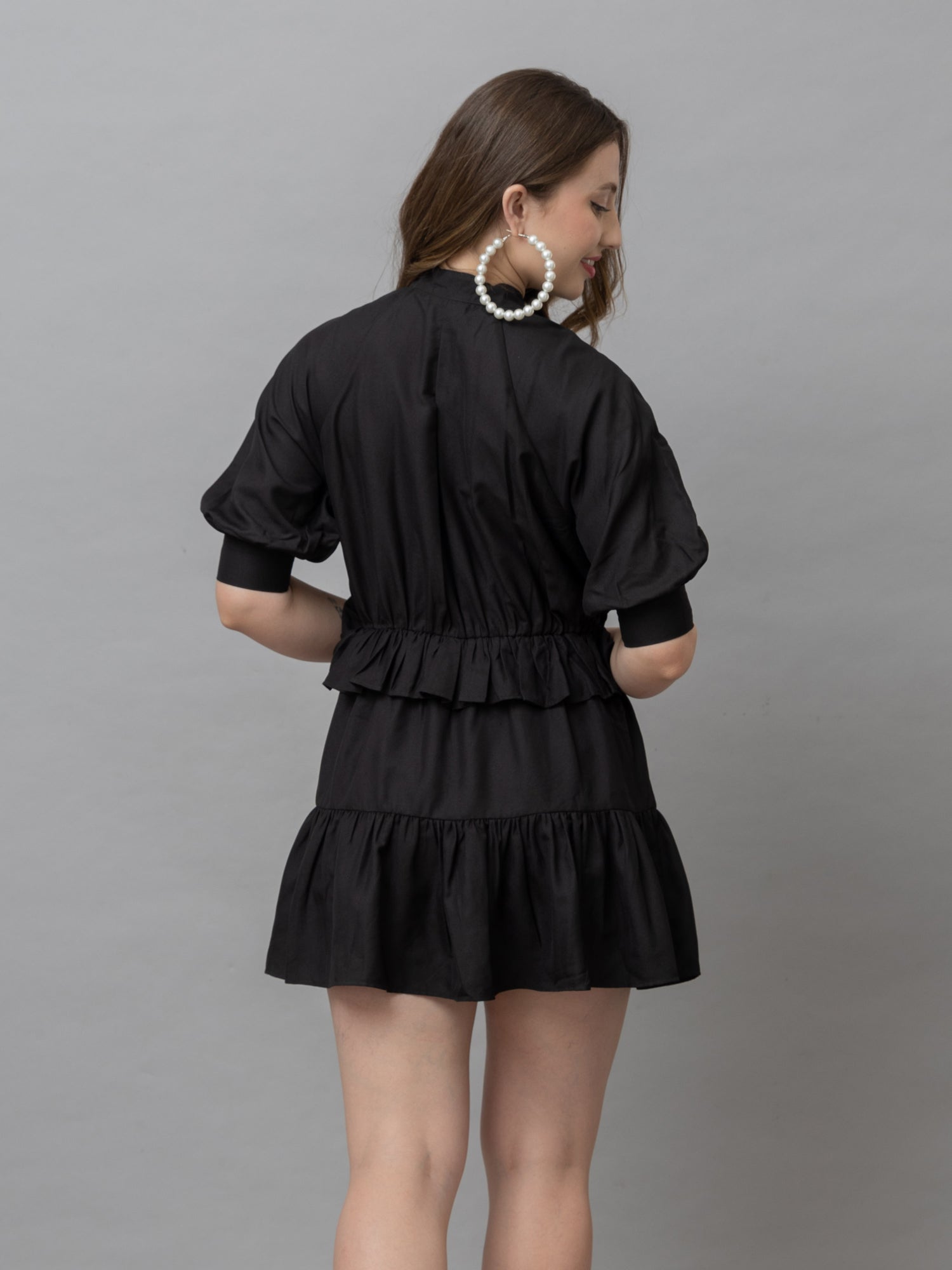 CK Silvia Solid Black Half Sleeves Short Dress