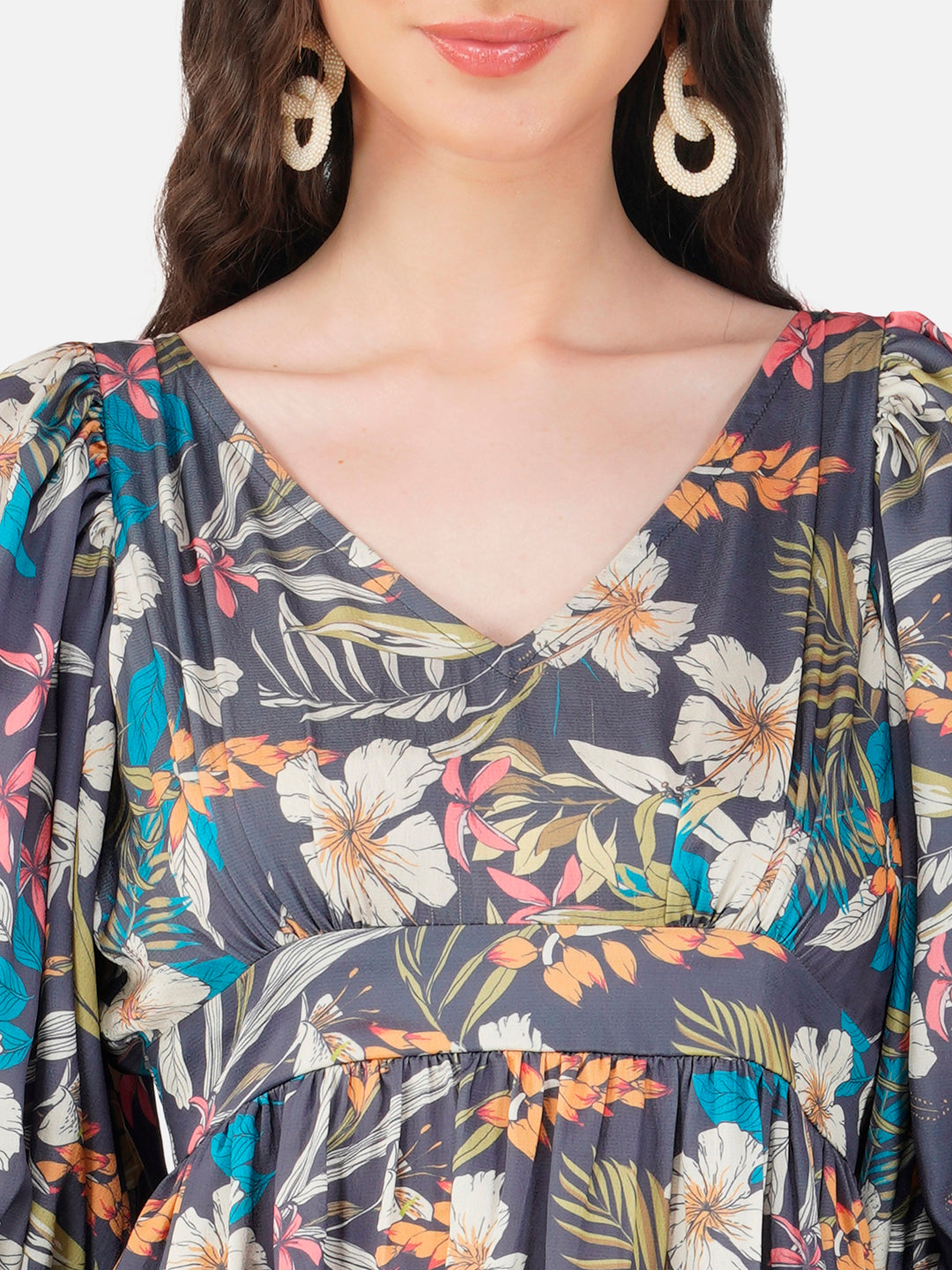 CK Multicolor Tropical Puff Sleeves Long Dress