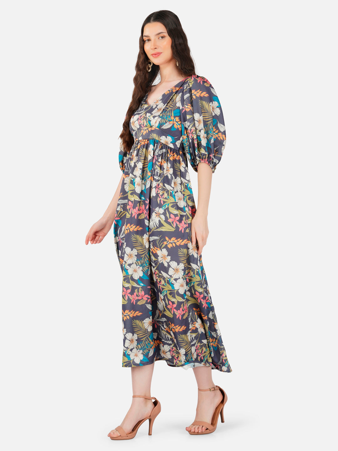 CK Multicolor Tropical Puff Sleeves Long Dress