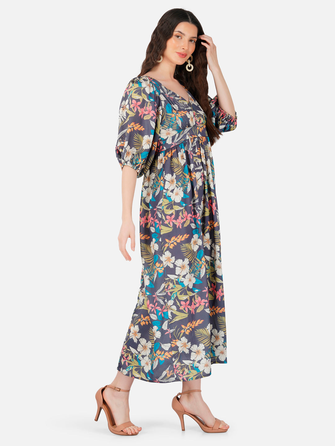 CK Multicolor Tropical Puff Sleeves Long Dress