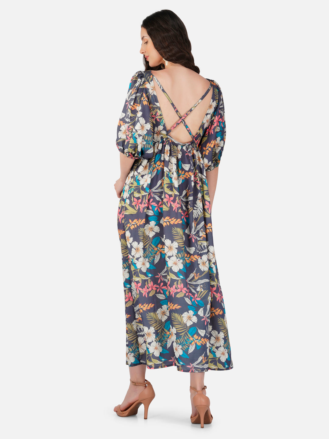 CK Multicolor Tropical Puff Sleeves Long Dress