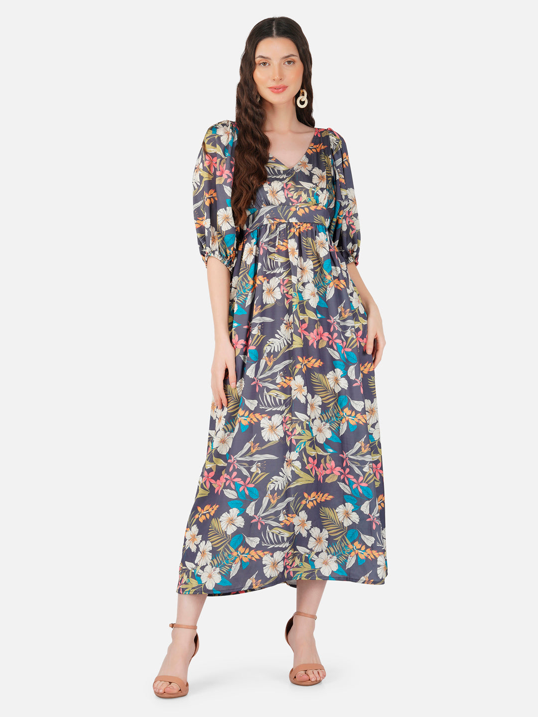 CK Multicolor Tropical Puff Sleeves Long Dress