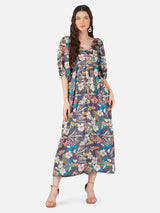 CK Multicolor Tropical Puff Sleeves Long Dress