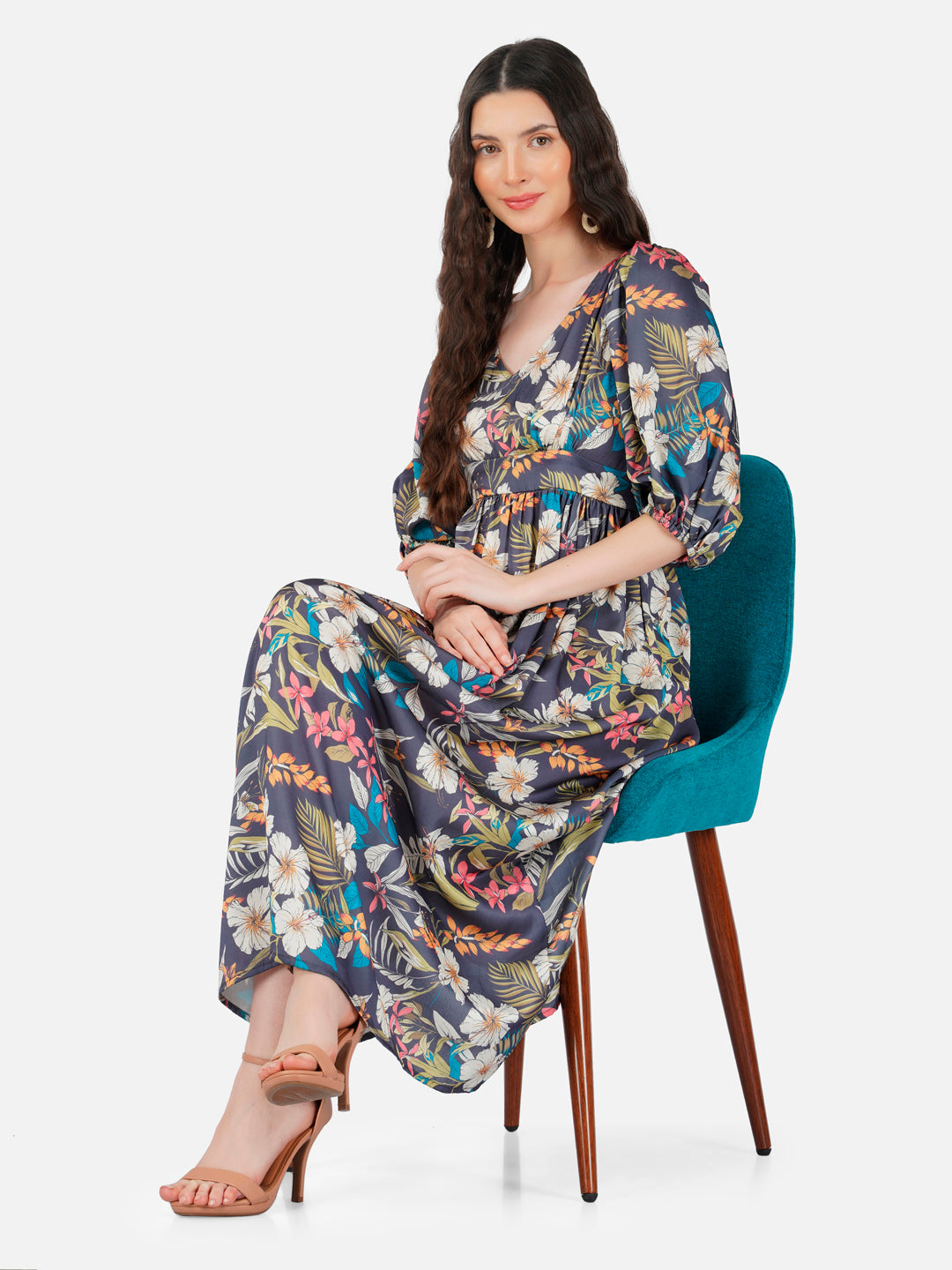 CK Multicolor Tropical Puff Sleeves Long Dress