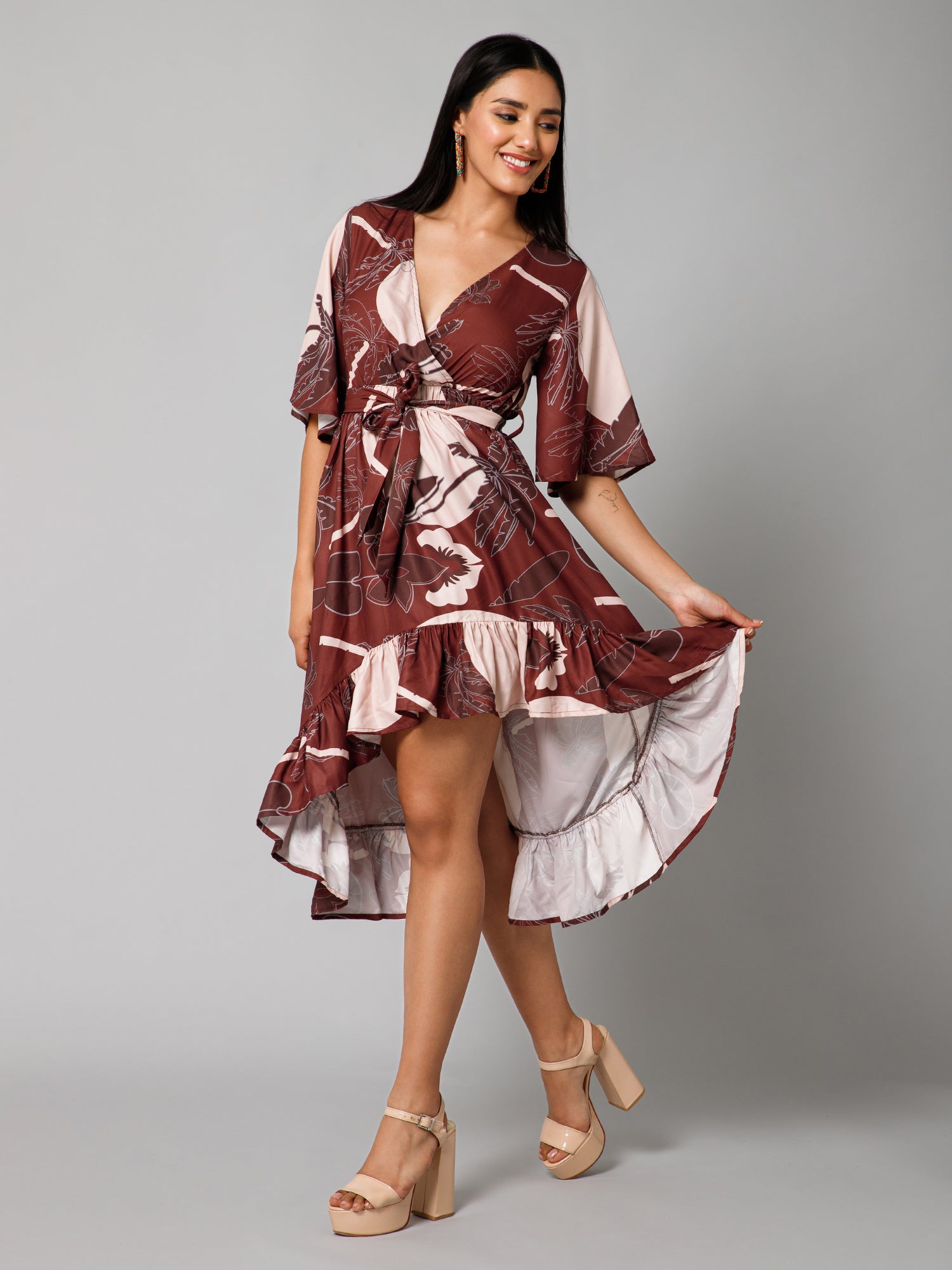 CK Misa Brown Tropical Sun Print Wrap Dress