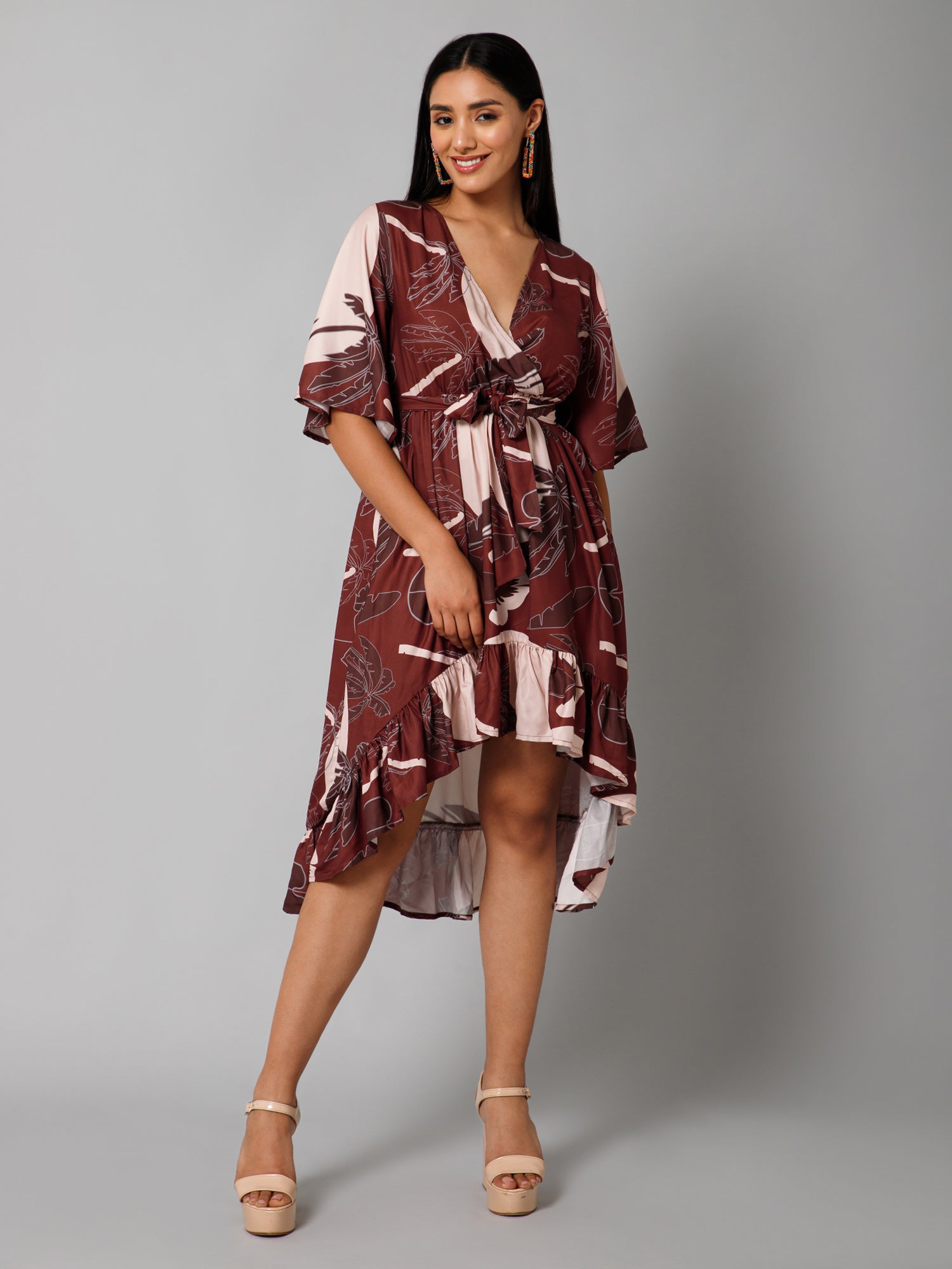 CK Misa Brown Tropical Sun Print Wrap Dress