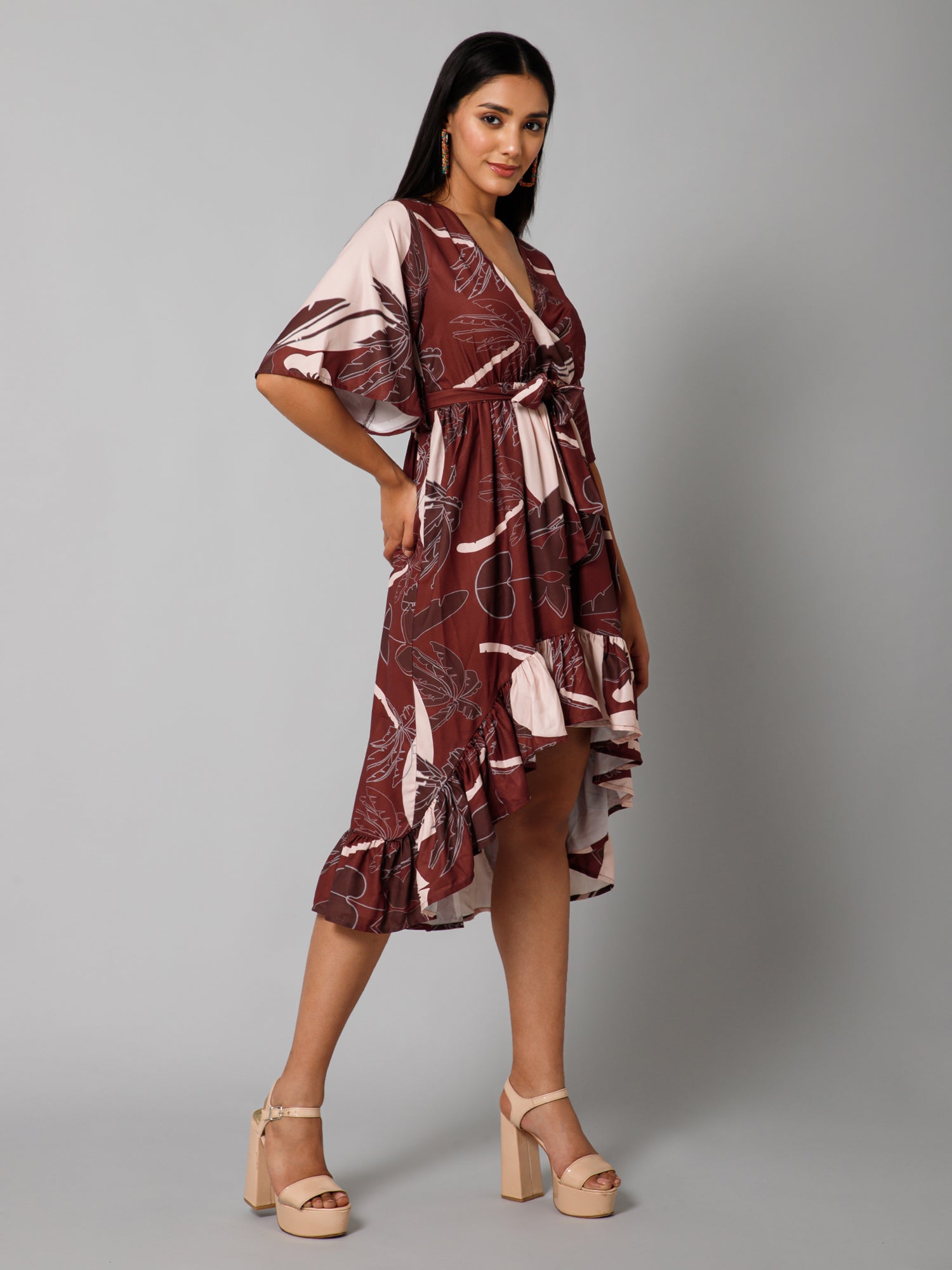 CK Misa Brown Tropical Sun Print Wrap Dress