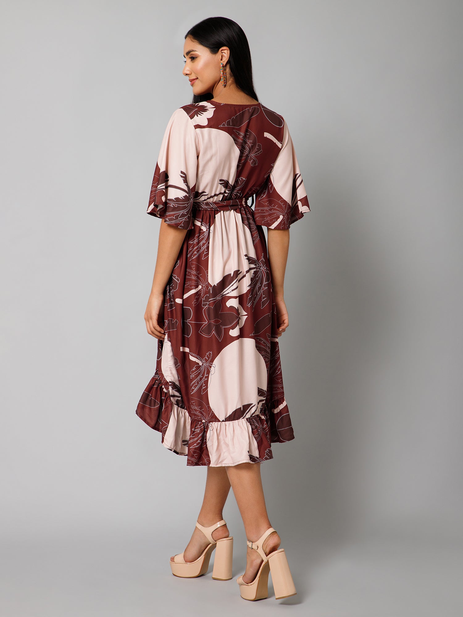 CK Misa Brown Tropical Sun Print Wrap Dress