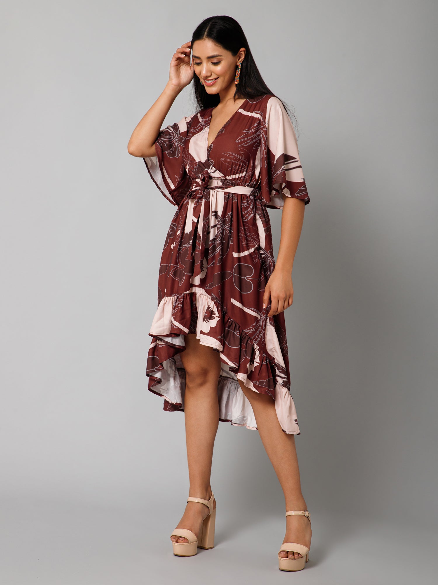 CK Misa Brown Tropical Sun Print Wrap Dress