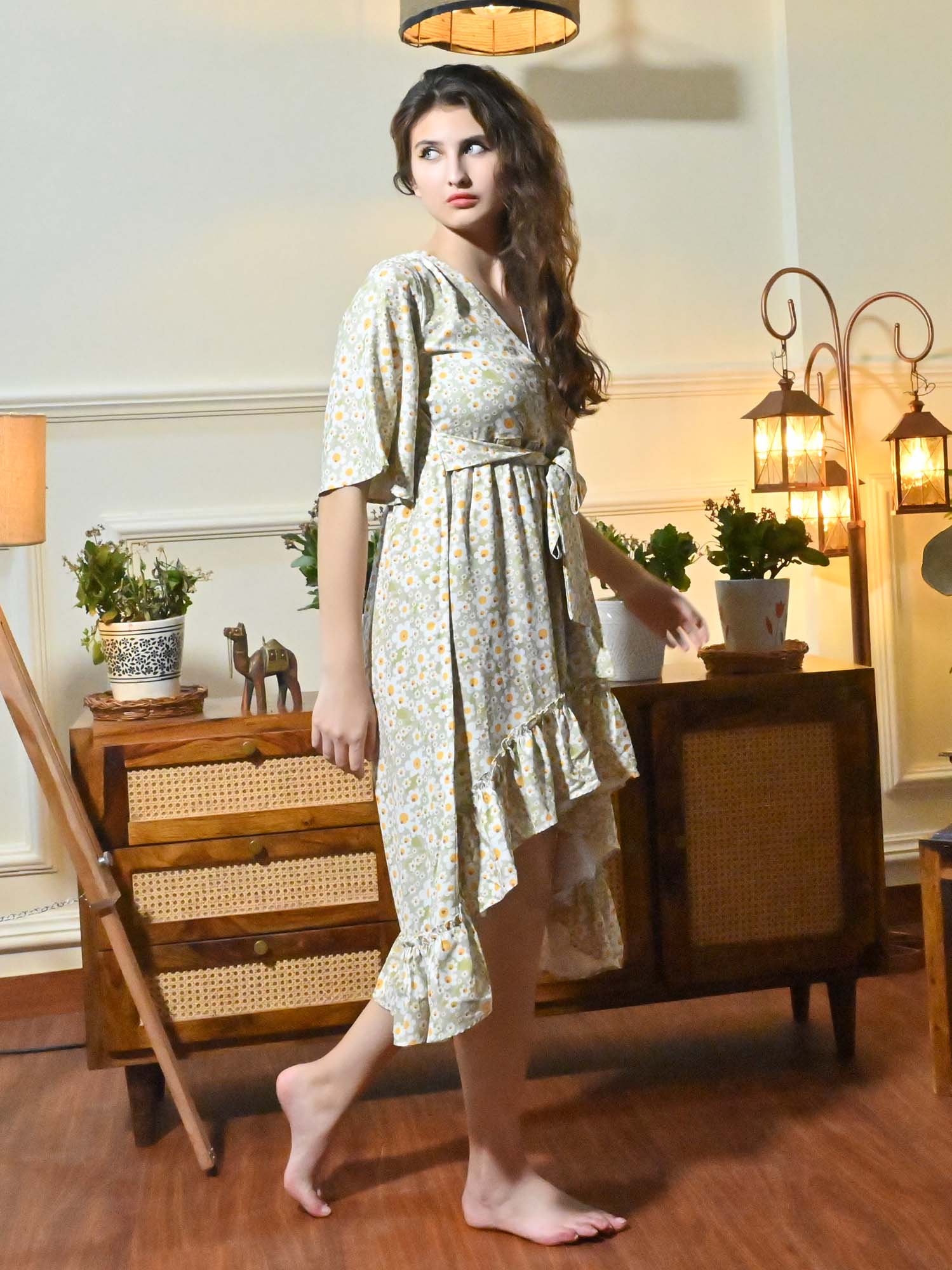 CK Misa Green Floral Sun Print Wrap Dress