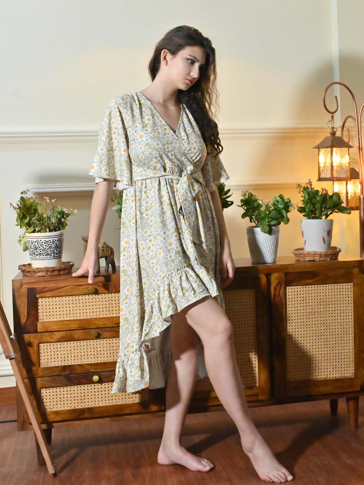 CK Misa Green Floral Sun Print Wrap Dress