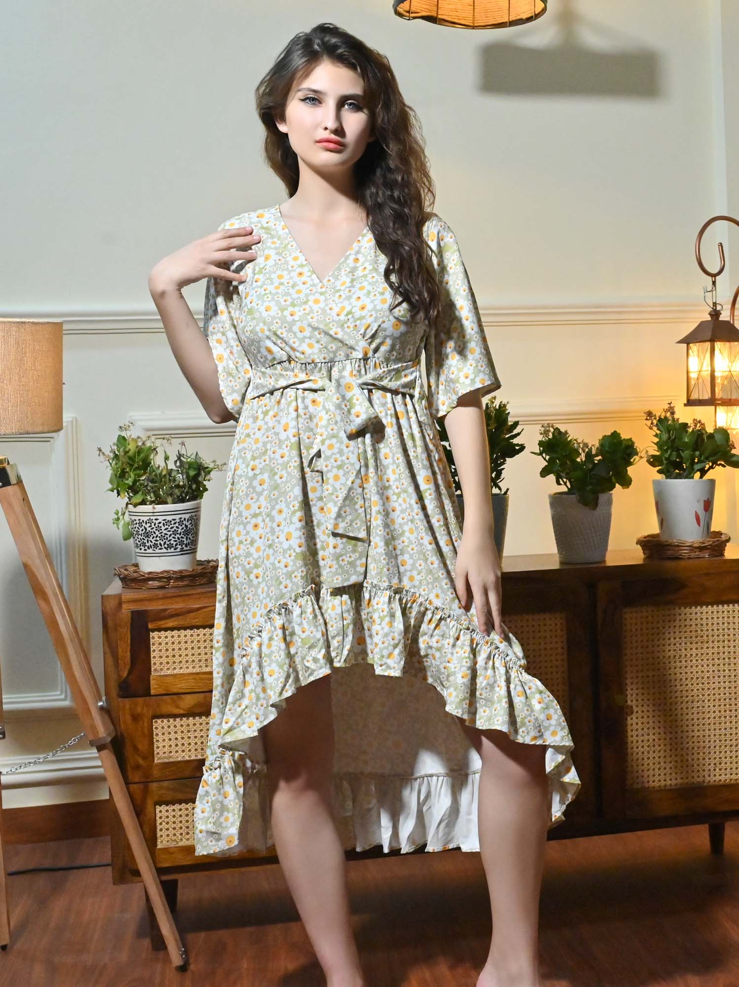 CK Misa Green Floral Sun Print Wrap Dress