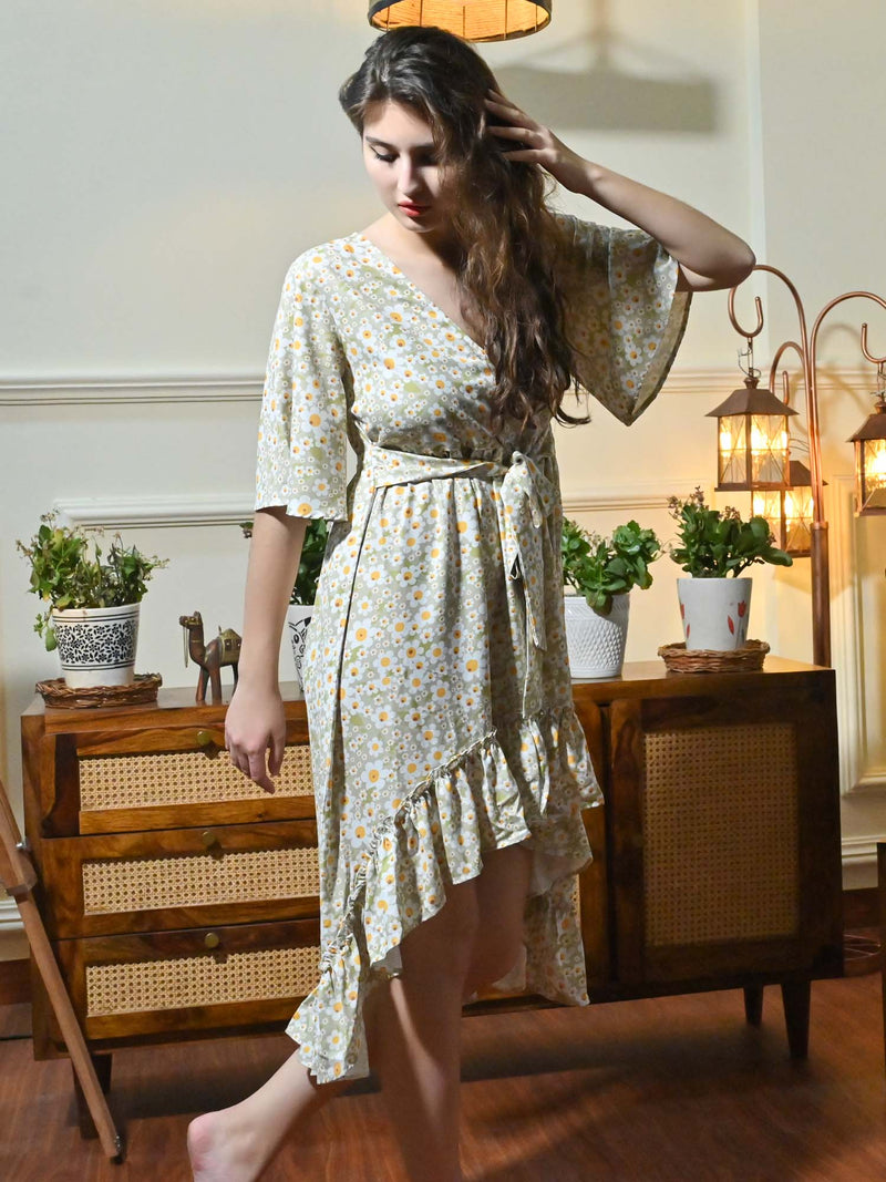 CK Misa Green Floral Sun Print Wrap Dress