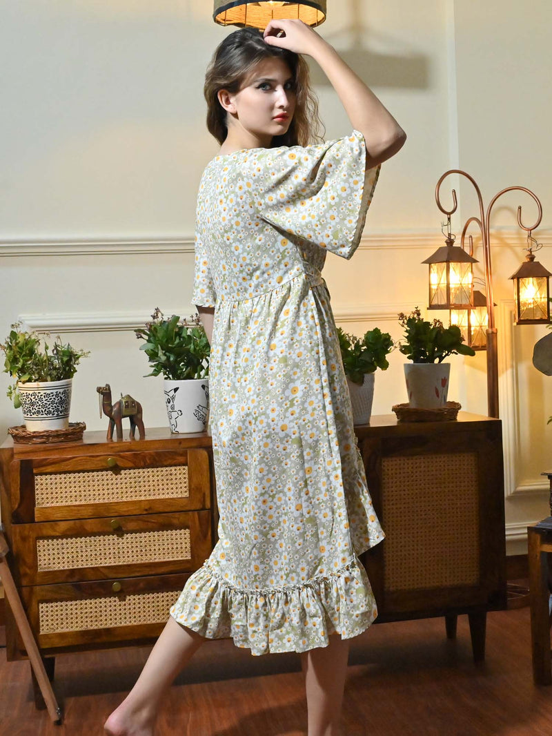 CK Misa Green Floral Sun Print Wrap Dress
