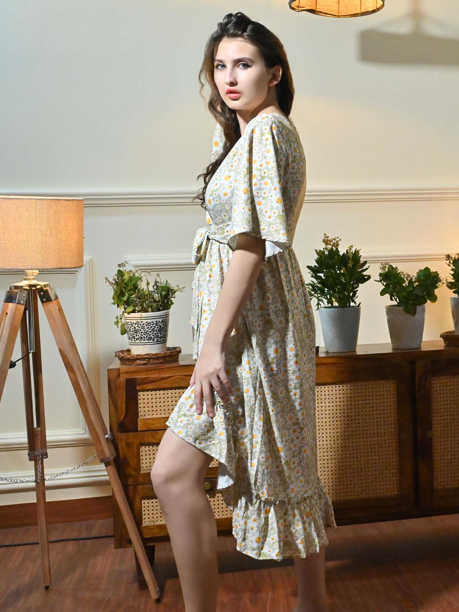 CK Misa Green Floral Sun Print Wrap Dress