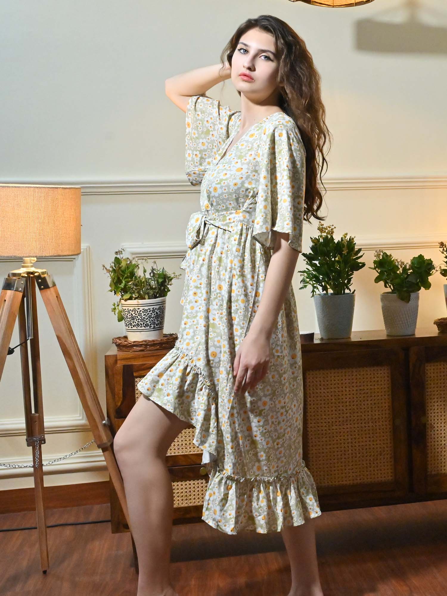 CK Misa Green Floral Sun Print Wrap Dress