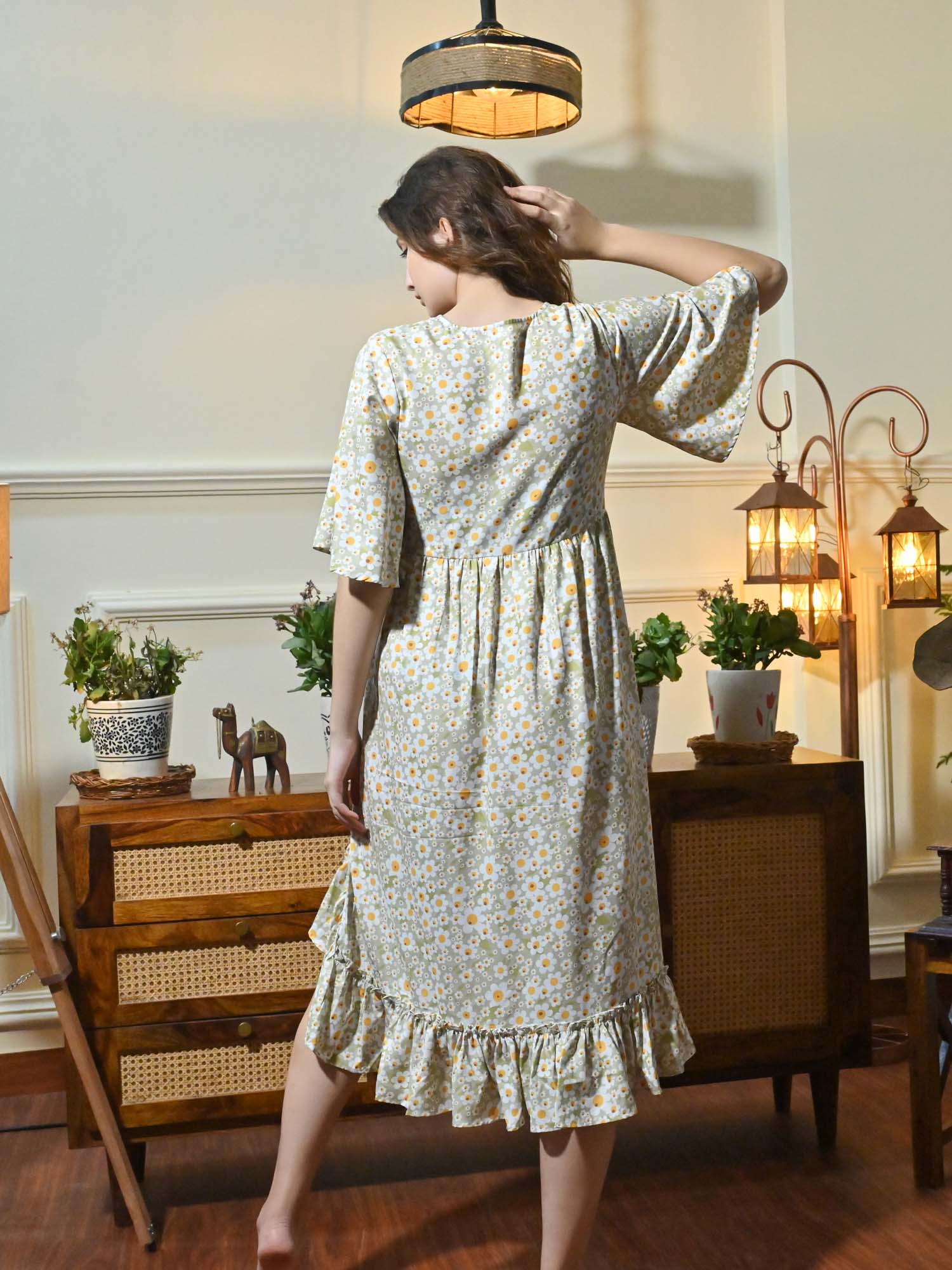 CK Misa Green Floral Sun Print Wrap Dress