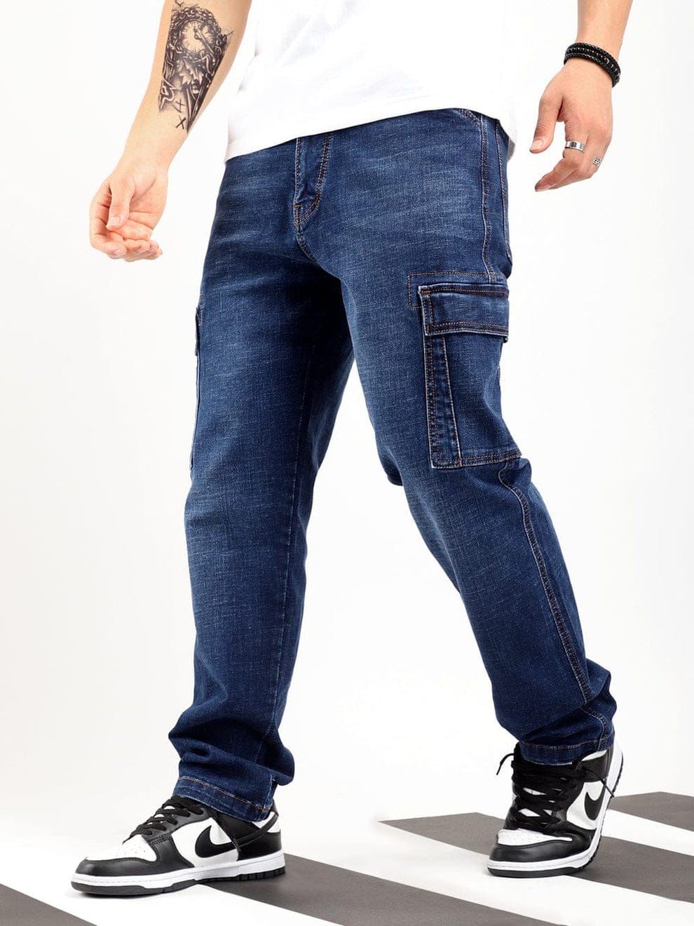 CK Best Dark Blue Denim Cargo Pants for Men | Stylish Straight Fit Jeans with 6 Pockets