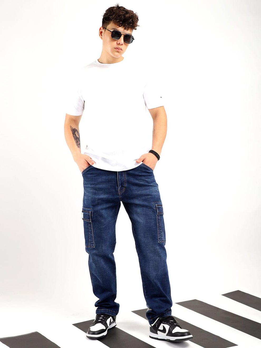 CK Best Dark Blue Denim Cargo Pants for Men | Stylish Straight Fit Jeans with 6 Pockets