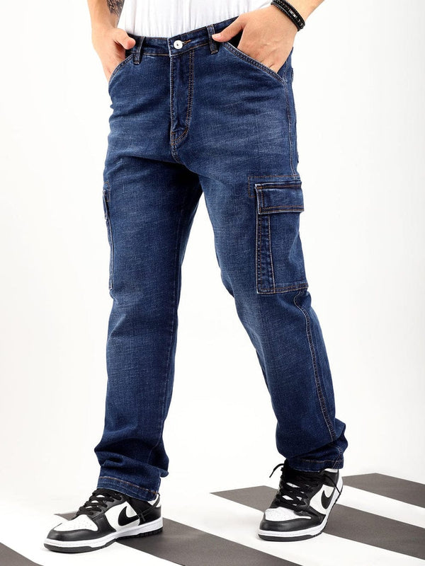CK Best Dark Blue Denim Cargo Pants for Men | Stylish Straight Fit Jeans with 6 Pockets