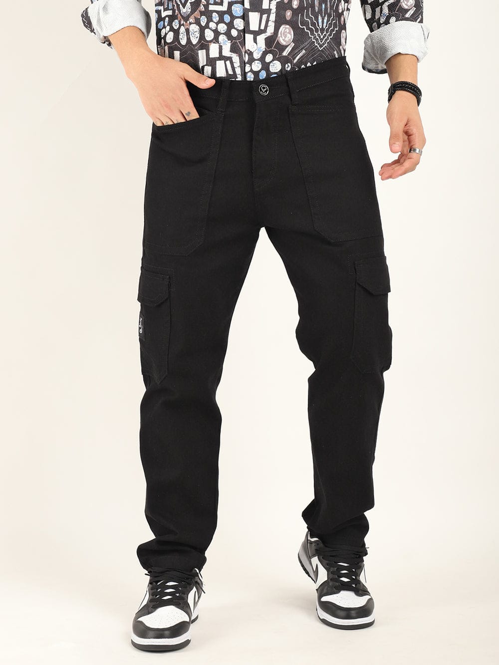 CK dark black cotton denim cargo for men